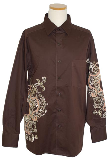 Prestige Brown with Cognac/Cream Embroidered Design Long Sleeves 100% Cotton Shirt COT 875